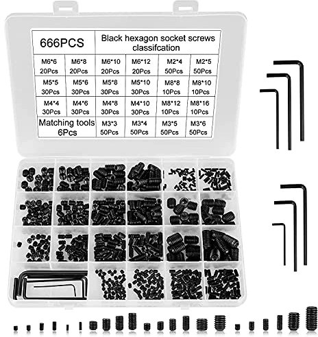 Grub Screws Set Hakkin 666Pcs Grub Screws Assortment Kit 12.9 Grade Carbon Steel M2 M3 M4 M5 M6 M8 Metric Thread Cup Point with 6Pcs Hex Key Drive