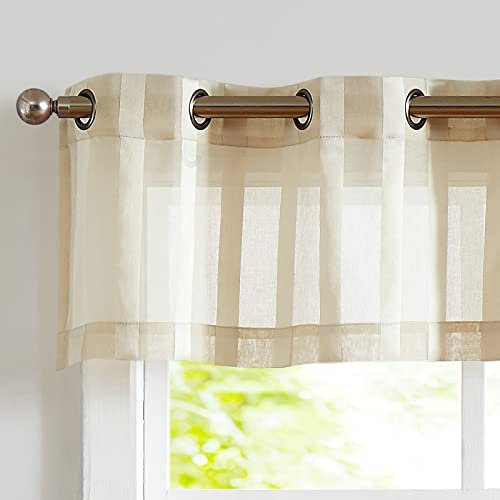 TOPICK Voile Scheibengardinen Bistrogardine für Wohnzimmer modern H 35 x B 130 (cm) 1er Set mit Ösen Transparent Landhaus Streifen Küchenvorhang Gestreift Küchengardinen Paarig Klein Fenster Beige