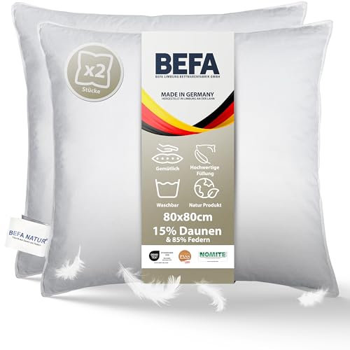 BEFA NATUR Made in Germany Feder/Daunenkissen 80x80 cm aus 15% Daunen und 85% Federn, Allergiker geeignet (Nomite), Öko-Text 100 Klasse 1 Zertifiziert, EN Standart 12934, Downpass (2 Stück)