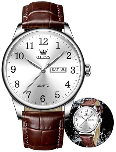 OLEVS Men Watches Dress Waterproof Brown Leather Band Classic Large Face Luxury Watches for Men Casual Original Analog Business Dainty Watch Men Two Tone Fashion Elegant Adjustable Quartz Watches Men