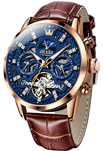 OLEVS Men Skeleton Watch Automatic Designer Luxury Mechanical Wrist Watches Brown Leather Dress Casual Moon Phase Luminous Waterproof