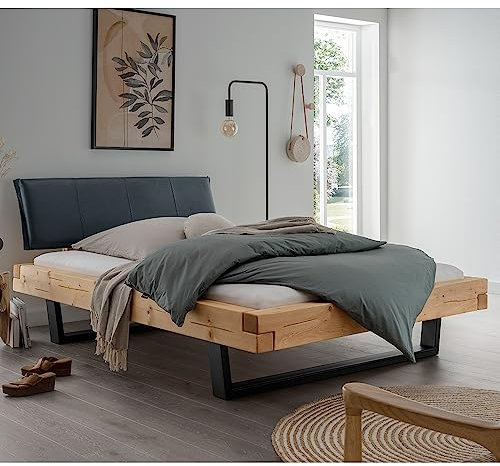 Lomadox Doppelbett Ehebett Bett Echtholz Massivholz, 200x200 cm, Fichte massiv, schwarzes Echtleder-Kopfteil, Schwarze Metallkufen, B/H/T ca. 218/88/228 cm