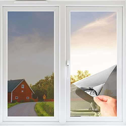 Fensterfolie von innen Durchsichtig von aussen Blickdicht,Sonnenschutzfolie Fenster innen UV-Schutz Reflektierende,Spiegelfolie Selbstklebend für Büros und Wohnungen (Grau Silber, 90 x 400cm)