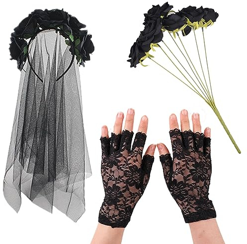 Lezevn 3 Stück Halloween Kostüm Zubehör Rose Blume Schleier Stirnband Schwarze Spitze Fingerlose Handschuhe Rosenstrauß für Halloween Tag der Toten Cosplay Party Verkleidung, Schwarz , One size