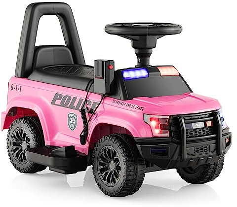 COSTWAY Kids Electric Ride on Car, 6V Battery Powered Police Cars with Side Megaphone, Horn, Flashing Light, Siren Sound, Wide Footrest and Underseat Storage, for 18-60 Months (Pink)