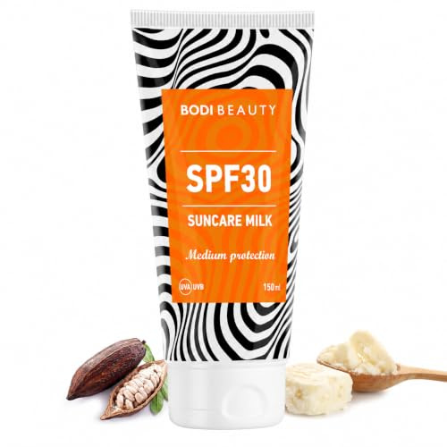 BODI BEAUTY Sonnenmilch LSF 30 für Körper & Gesicht 150ml, wasserfest | Wasserfeste Sonnenmilch LSF 30 für Gesicht und Körper mit UVA/UVB-Schutz – zieht schnell ein, ohne weiße Streifen