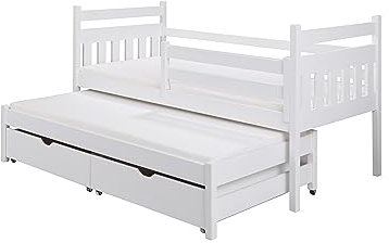 KEF Kinderbett 80x190 cm - NOAH - Bett aus Holz mit Stauraum - Tagesbett mit Lattenrost und Matress - Jugendbett und Mädchenbett für Kinderzimmer - Ausziehbett für Zwei Personen - Weiß