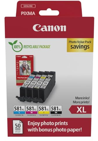 Canon CLI-581XL Original Druckerpatronen Multipack | Echte Canon Tinte - Schwarz plus Cyan, Magenta und Gelb - für PIXMA TR8550, TR7550, TS6150, TS6151, TS8150, TS8151 und mehr!