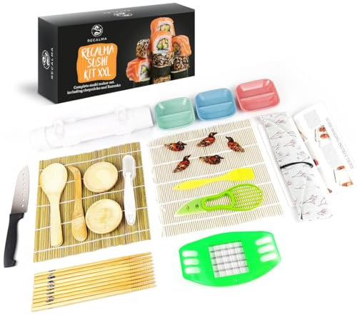 Recalma Set XXL para hacer sushi, juego de 26 sushi, con moldes para sushi arroz, cuchillo, rodillo de sushi, alfombrilla para sushi, tenedor, palillos, juego completo de sushi para hacer sushi