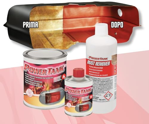 POWER TANK - Traitement de réservoir auto (50/55 litres) Kit grand Big 1,3 kg pour intérieur réservoirs gasolio essence élimine la rouille répare protège rouillé de moto de voitures d'époque avec