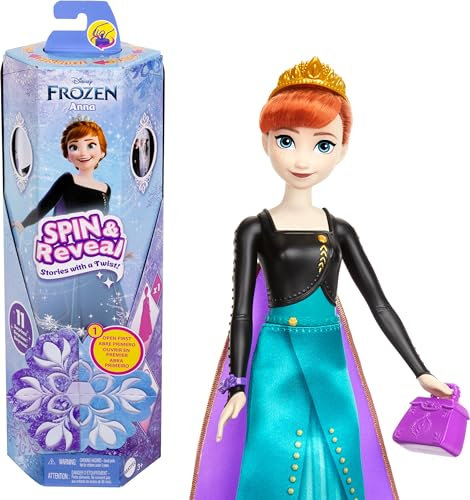 Mattel Disney Die Eiskönigin Elsa Modepuppen-Set, Spin & Reveal mit 11 Überraschungen, darunter 5 Accessoires, 5 Sticker und eine Szene zum Spielen, vom Disney-Film inspiriert, HTG25