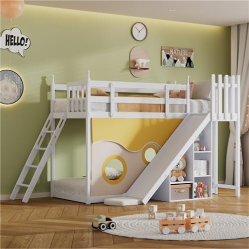 Tcewhhy Litera 90x200cm con Escaleras Y Vallas Cama Infantil con Cortina Tobogán Y Estante Cama Alta con Protección contra Caídas Y Rejilla Estructura De Pino Cama De Suelo Cama Juvenil Blanco