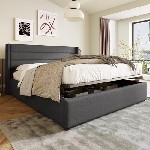 HYUB Polsterbett 160 x 200cm Boxspringbetten mit Lattenrost aus Metallrahmen, Hautfreundliche Leinenmaterial, Hydraulisch Doppelbett Bettgestell mit Bettkasten und Kopfteil, Grau (Ohne Matratze)