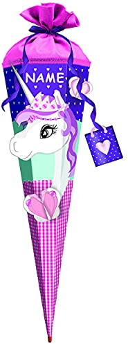 alles-meine.de GmbH 3-D Effekt BASTELSET Schultüte - Einhorn mit Glitzer Perlen - 85 cm - incl. Name - mit Holzspitze - Zuckertüte - Set zum selber Basteln - 6 eckig/pink..