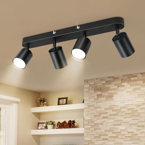 Ketom Lámpara de Techo 4 Focos Negro Orientable GU10, Modernas Plafones de Techo Ajustables y Giratorios, Interior Lamparas de Techo LED Para Pasillos, Comedores, Dormitorios, Sin Bombilla