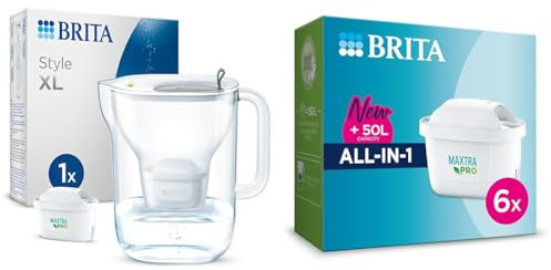 BRITA Style XL Water Filter Jug Grey (3.6L) incl. 1x MAXTRA PRO All-in-1 cartridge & MAXTRA PRO All-in-1 Water Filter Cartridge 6 Pack (NEW) - Original refill reducing