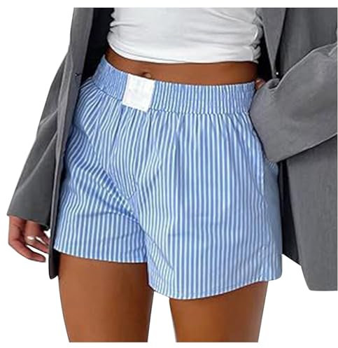 FASLOLSDP Damen Shorts Gestreift Kurzhose, Kurze Hose Damen High Waist, Knopfleiste High Waist Hosen Casual Locker Sommerhose Sommer Beach Strandshorts Luftige Atmungsaktiv Sweatpants Hotpants