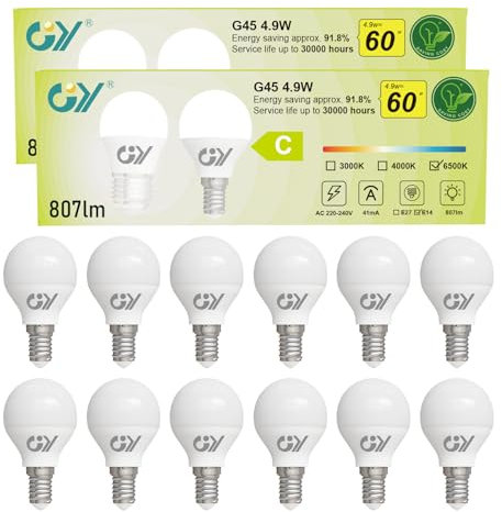 GY Ampoule LED E14 4,9W équivalent 60W, 807 Lumens 6500K Blanc Froid,G45 Ampoule E14 Led Efficacité Energétique, Non-Dimmable, Lot de 12