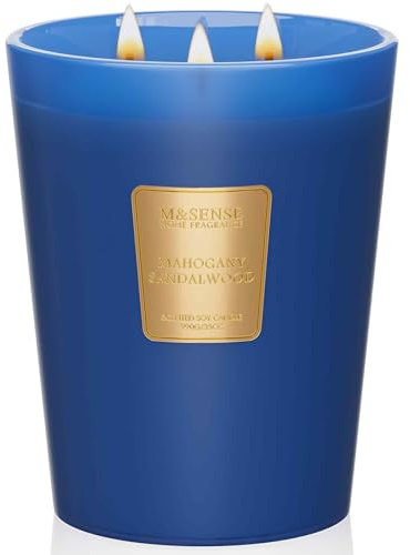 M&SENSE Mahagoni Sandelholz Duftkerzen für Zuhause duftend Luxus Glaskerzen Geschenke für Frauen/Männer Extra große 3 Docht natürliche Sojakerzen 150 Stunden lang anhaltende saubere Verbrennung 990g