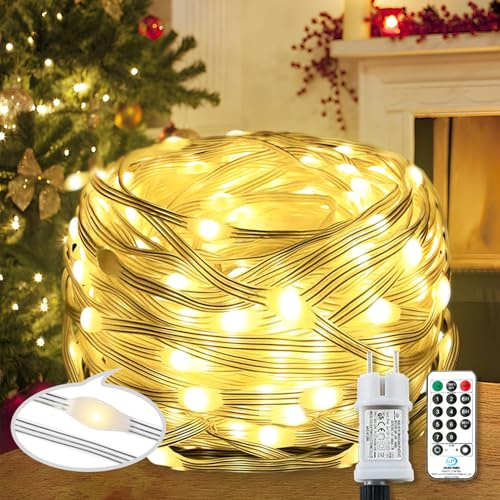 Qillnyy 220 LEDs Lichterkette mit für den Außenbereich/Innenbereich, 25 m, 8 Modi, mit Fernbedienung, Timer, PVC-Draht, Dekoration, Garten, Weihnachtsbaum, Hochzeit, Weihnachten (warmweiß)