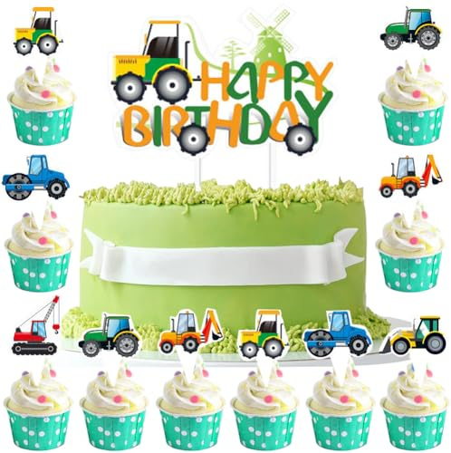 MEZHEN Traktor Torte Deko 49 Stück, Grüne Traktor Cupcake Topper für Geburtstag, Bauernhof, Farm Party, Traktor Time Party, Babyparty, Keks Topper, Eis Picks, Obst Picks oder Party Food Picks