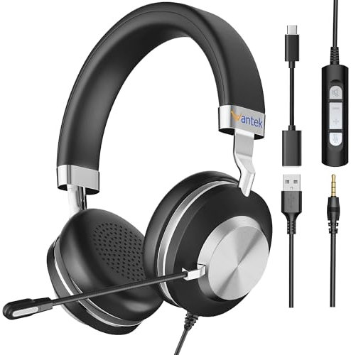 Wantek Casque USB avec microphone pour ordinateur portable, suppression du bruit, casque de bureau pour centre d'appel, réunions d'équipe de travail, conférence en ligne