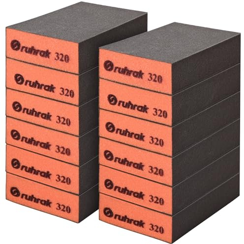 Sruhrak Blocco Abrasivo 12 Pezzi Spugne Abrasive Dure, Grana 320 Tamponi Abrasivi Riutilizzabili Bagnati e Asciutti per Legno, Plastica, Cartongesso e Metallo Polis