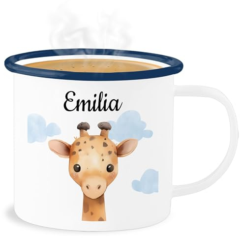 Emaille Becher Blechbecher - Süße Giraffe personalisiert I Giraffen Geschenke I Geschenk für Kinder mit Name I Giraffe Kindermotiv I Geschenk mit Giraffen I Savannentier - 300 ml - Weiß Blau