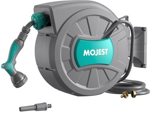 MOJEST Retractable Garden Hose Reel - 1/2 x 80ft Heavy Duty Wall Mounted Garden Hose Reel with 2 Hose Nozzles, Dark Grey