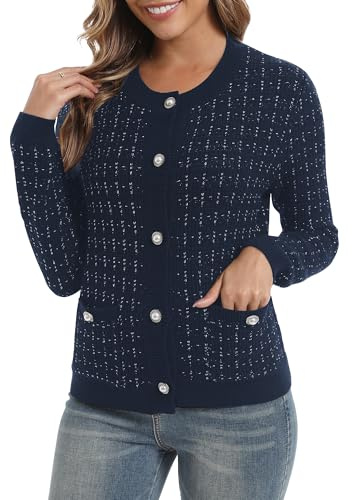 EXCHIC Donne Elegante Adatta Slim Maniche Lunghe Apri Fronte Cardigan Collo Rotondo Pulsante Giù Maglione Giacca con Tasche