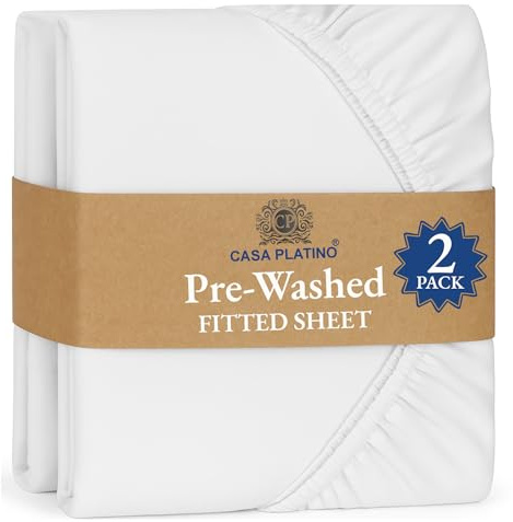 Fitted Sheet Double, White (2 pack)- Pre-Washed, Deep Pocket 14 inch (35 cm) - Easy Care - Soft Brushed Microfibre Fabric - Shrinkage and Fade Resistant - Bottom Sheet