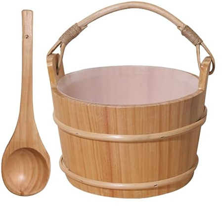CUBO DE SAUNA DE MADERA CON CLACE - Accesorios de spa Kit 6L en abeto natural, mango largo para baño de vapor, hammam, sauna seca o ducha en casa