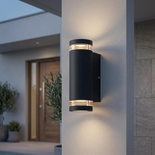 Dandray Outdoor Wall Lights Mains Powered, Up Down Outside Lights Anthracite, External LED Front Door Lamp Porch Light Electric, Exterior GU10 Round Lighting Sconce Wall Mounted for House