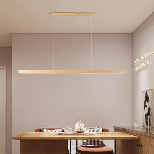 Holz LED Pendelleuchte Esszimmer Hängend Lampe Esstisch Dimmbar Kronleuchter mit Fernbedienung Hängeleuchte für Küche Büro Bar Modern Hängelampe Esszimmerlampe Höhenverstellbar Leuchte (L100cm)