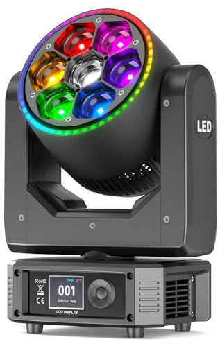 300W Cabeza Movil Luces de Escenario Wash Zoom, 7 RGBW LED Foco Electronico Luz de Fiesta Angulo de Haz 4.5-45° DMX512 Efectos de Iluminacion para Navidad Disco DJ Halloween Bares