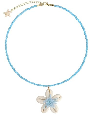 YIQPKUM Collier coquillage mer main artisanal délicat chaîne perles bleues étoile mer bijoux femmes amies été plage cadeaux (Blanc)