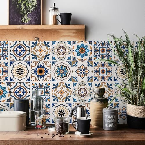 Tile Stickers, Stick on Tiles, Self Adhesive Wall Tiles | 24pcs, 10x10cm, Moroccan Style, Waterproof, Vinyl Mosaic for Kitchen Bathroom Wall Decor, Peel and Stick Tile Decals
