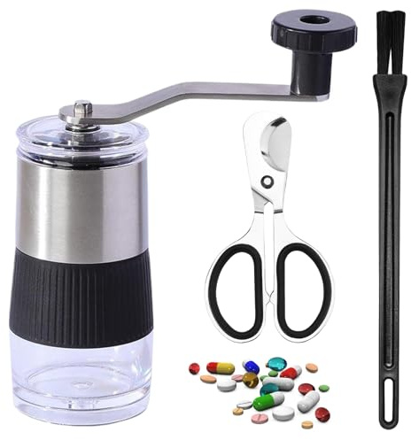 Tablettenmörser Tabletten Zerkleinern Edelstahl Pillenmörser,Verschleißbeständig,Leicht Abnehmbar,Wasserwäschbar,mit Tablettenschere und Bürste,für Haustiere,Erwachsene,Kinder,Kaffeebohnen,Nüsse