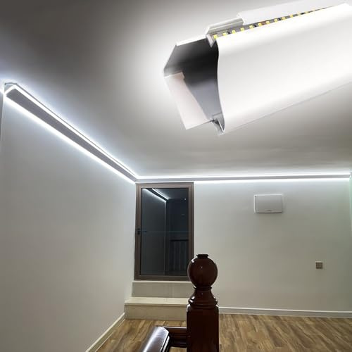 Canal de perfil de aluminio LED para iluminación indirecta, riel de moldura de corona de 12 pies para tira LED, ideal para decoración de techo y pared en sala de estar/dormitorio iluminación de zócalo