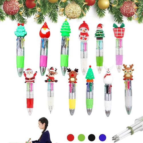 BAOSROY Natale Multicolore Penna,12PCS Penne a Sfera Natalizie Multicolore,Gadget Compleanno Bambina,Regalini Fine Festa Compleanno,Penne Multicolores con Tema Natalizio, 4 penne colorate in 1