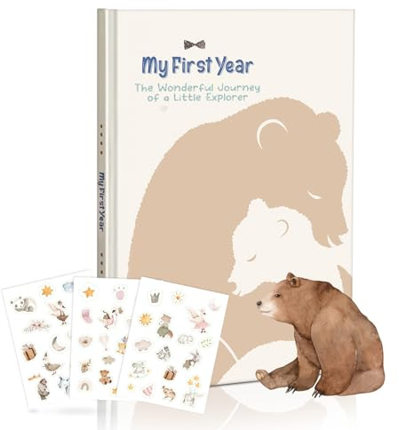 My First Year Baby Erinnerungsbuch - A4 Tagebuch & Erinnerungsalbum mit bezauberndem Bären-Thema, inklusive 44 Aufklebern, geeignet für Geburt, Taufe & Babyparty