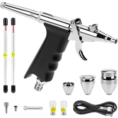 QWORK Airbrush-Kit Airbrush Pistole System - Normal Düse 0,3 mm 0,5 mm 0,8 mm - Farbbecher 2cc 5cc 13cc - Slanglängd 1,8 m