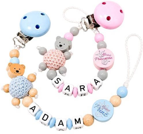 Glücksperle Schnullerband mit Namen für Mädchen & Jungen personalisierte Baby Geschenke Teddy Bär mit Kleiner Prinz Blau/Rosa kleine Prinzessin