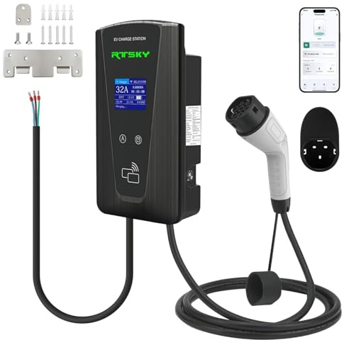 RTSKY 7.4kW EV Charger Type 2 for Home, Smart Electric Car Charger with Bluetooth APP, Adjustable 8-Level Current 6A-32A, PEN Protection, Type A + DC 6mA RCD, 5m Tethered Cable, IP65