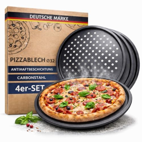 TOPANBIETER 999 Pizzablech 4er Set Ø 32 cm rund innen 29 cm - gelochtes Pizza- & Flammkuchenblech aus Stahl – Antihaftbeschichtung - Knusperblech und Backblech bis 250 Grad