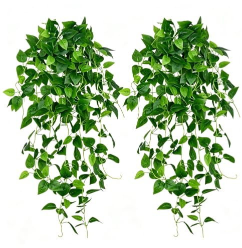 NAJILI Set di 2 piante artificiali da appendere, edera da 100 cm, pianta in plastica per decorazione da parete, soggiorno, ufficio, interni, come veri pothos