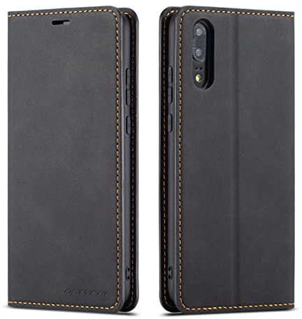 QLTYPRI Hülle für Huawei P20, Premium Dünne Ledertasche Handyhülle mit Kartenfach Ständer Flip Schutzhülle Kompatibel mit Huawei P20 - Schwarz | Retro PU Leder Klapphülle, Handyhülle mit 3 Kartenfächer, Standfunktion, Weicher Dünne TPU-Rahmen, Stoßfeste Flip Wallet Case