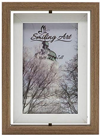 Smiling Art Marco para 2 fotos de madera MDF con cristal, giratorio, doble marco en formato apaisado y en formato retrato para ponerlo de pie (Marrón + Blanco, 10 x 15 cm)