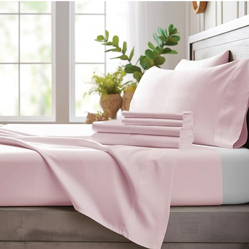 Bamboo Bay 4 Piece Queen Size Sheet Set, 100% Viscose Made from Bamboo, Breathable, Ultra Soft Cooling Bed Sheets for Hot Sleepers, Beddings with Deep Pockets Fit 16 Mattress, Light Pink