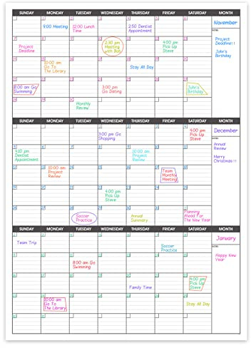Calendrier mural effaçable à sec, vertical, organisation sur 3 mois, vierge, réutilisable, en tableau blanc, non daté, taille L, 70,6 x 104 cm, pour bureau et salle de classe